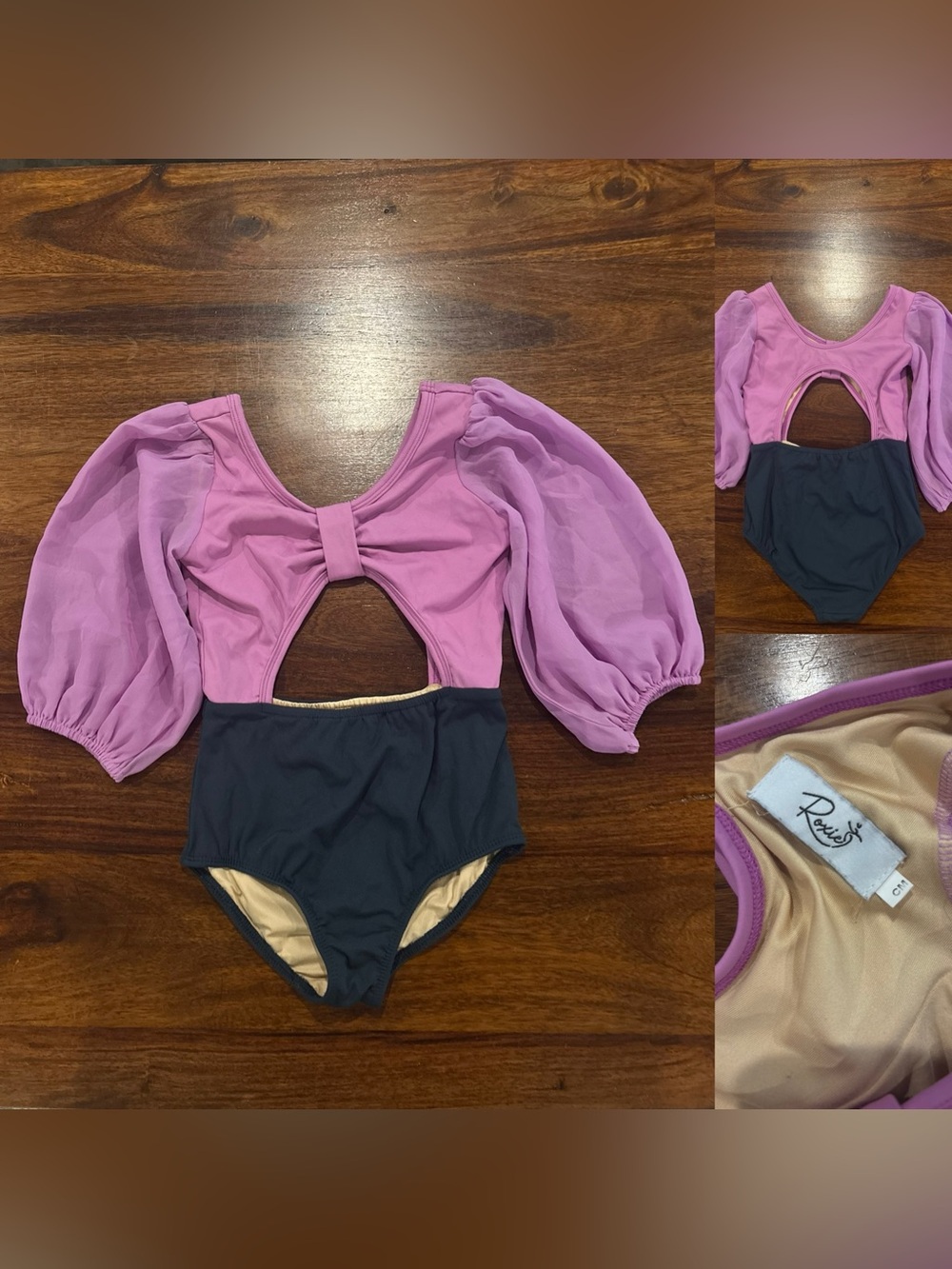 Roxie Dance CM. Two-Tone Puff Sleeve Kids leotard in Purple and Blue